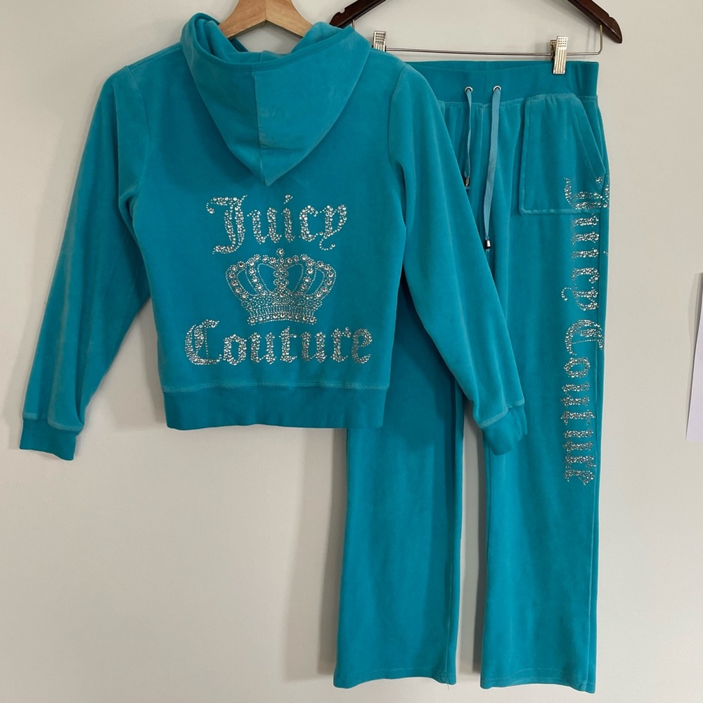 Juicy Couture Turquoise Velour Hoodie & Sweatpants Set with Rhinestone Logo Y2K
